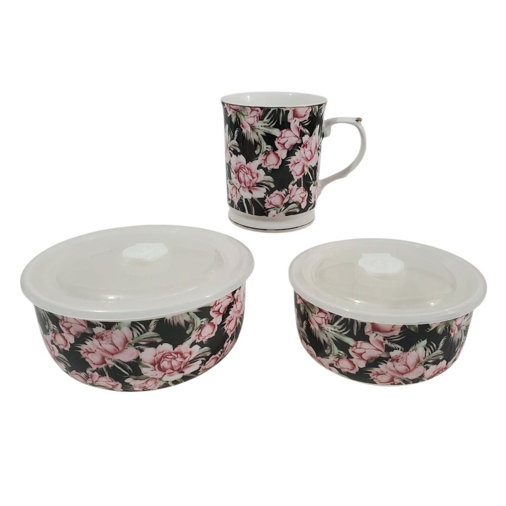 Grace Fine Porcelain Pantry Bowl Set Vented Lids Teaware Mug Floral Pink White
